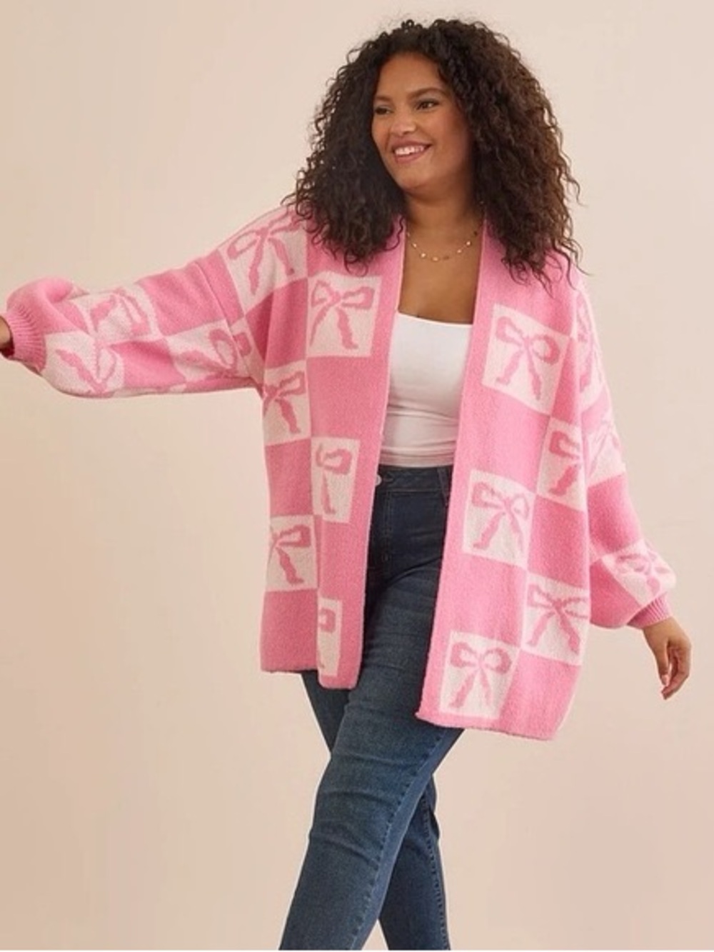 Altr’d State Pink Bow-Pattern Open Cardigan Sweater